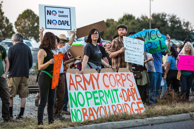 Dakota Access pipeline and Bayou Bridge pipeline opponents outside of the US Army Corps of Engineers office in New Orleans