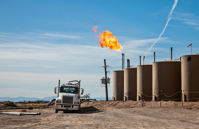 Flare at an oil and gas production site in the Permian Basin near Pecos.
