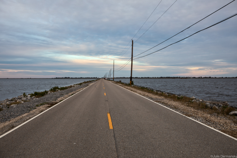 Island Road, the only road connecting Isle de Jean Charles to the mainland of Louisiana.