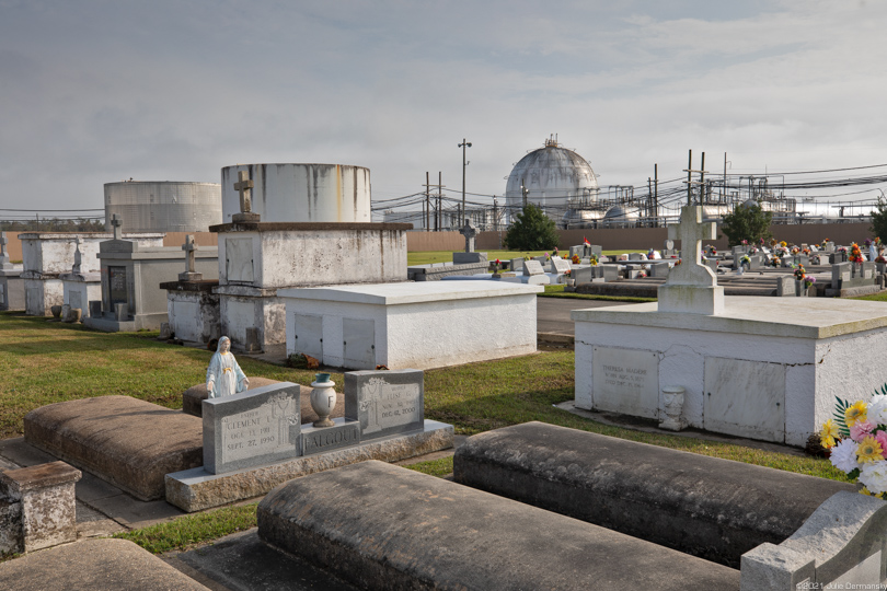 The Holy Rosary Cemetery next to the Dow Chemical Company facility near the Mississippi River in Hahnville, Louisiana.