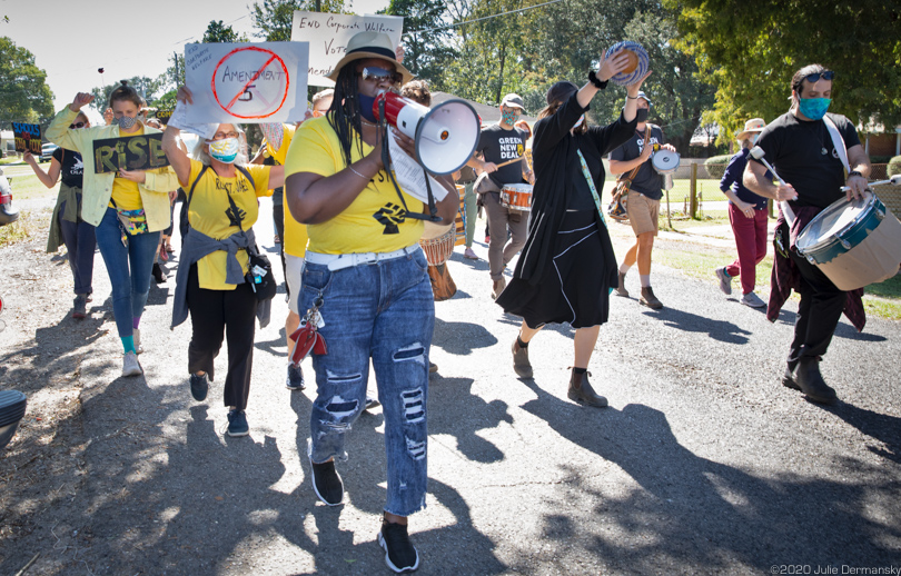 Stephanie Cooper, VP of RISE St. James, leading a chant during a protest march in Louisiana