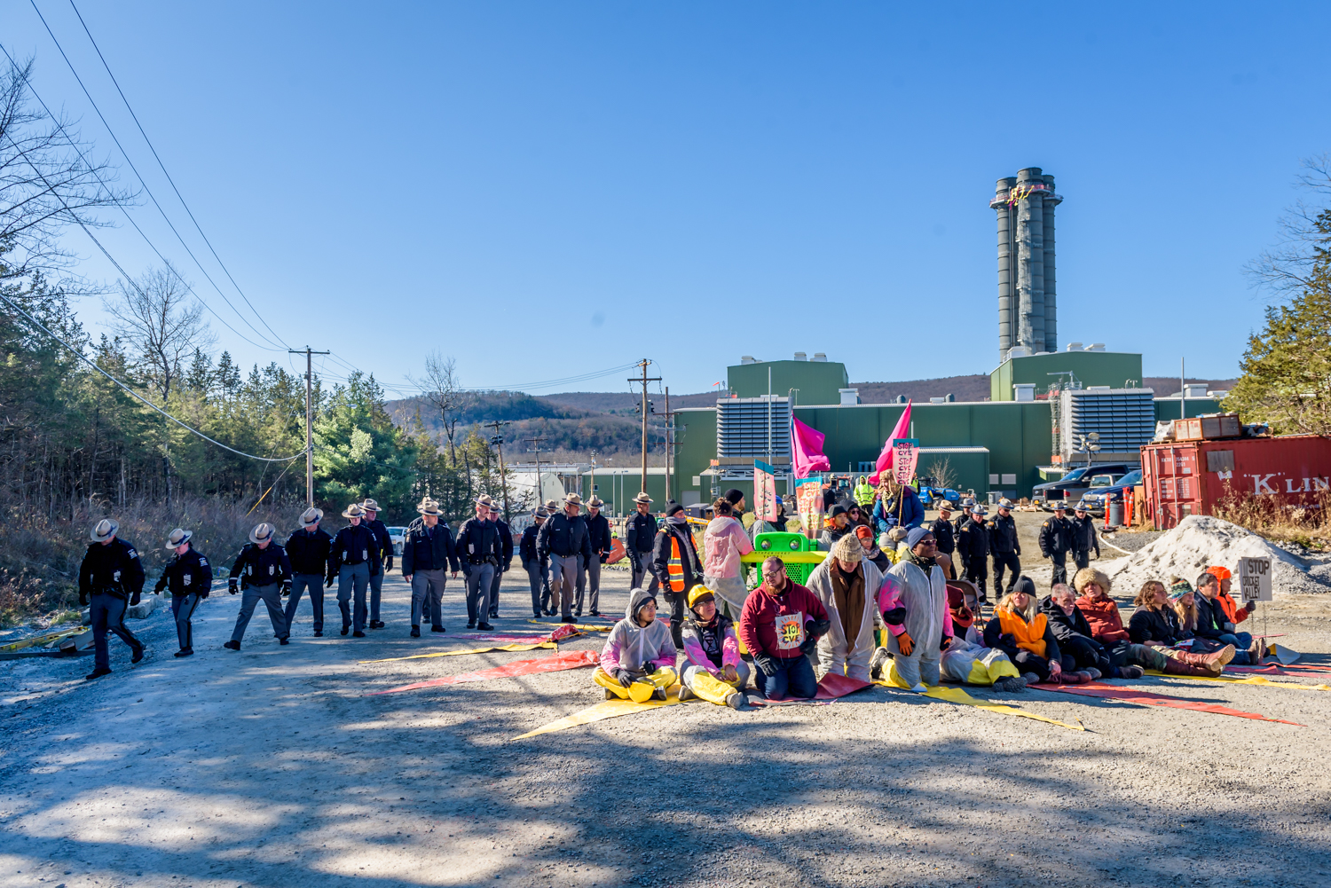 Law enforcement surrounds protesters blocking construction at the Cricket Valley natural gas power plant