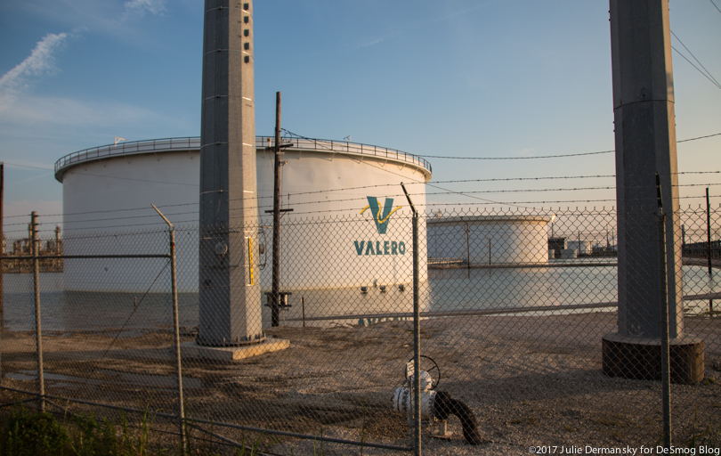 Valero oil tank surrounded by floodwater in Port Arthur, Texas