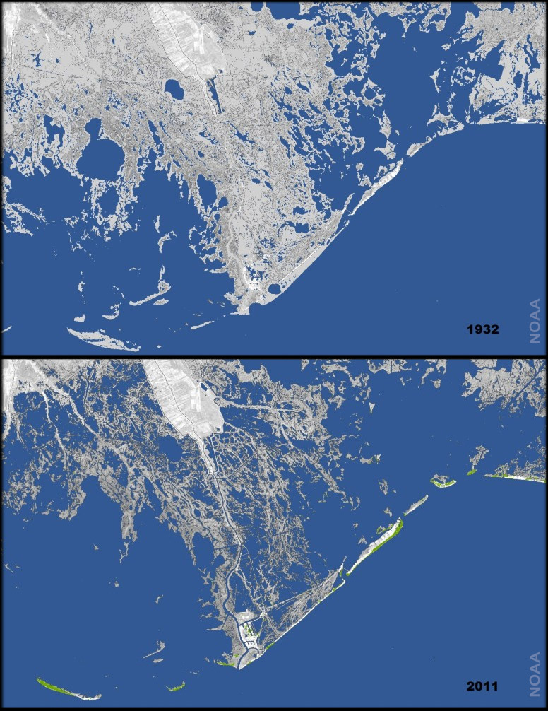 Maps showing coastal land loss in Louisiana between 1932 and 2011