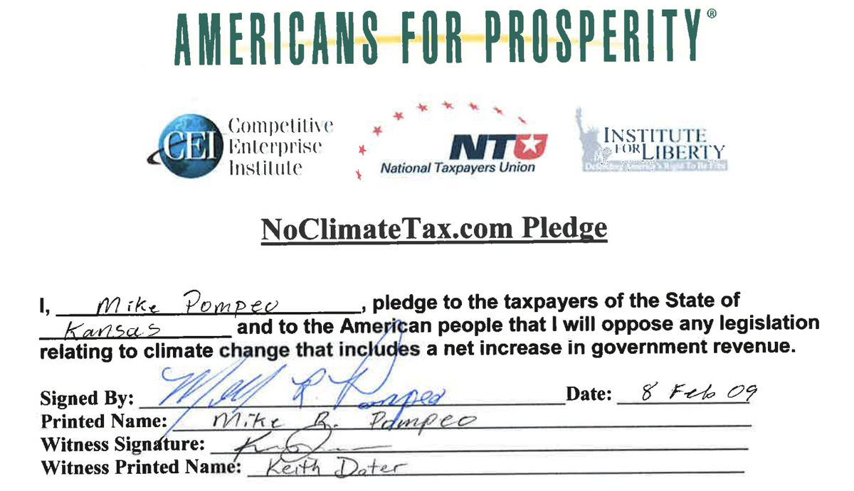 Mike Pompeo No Climate Tax Pledge