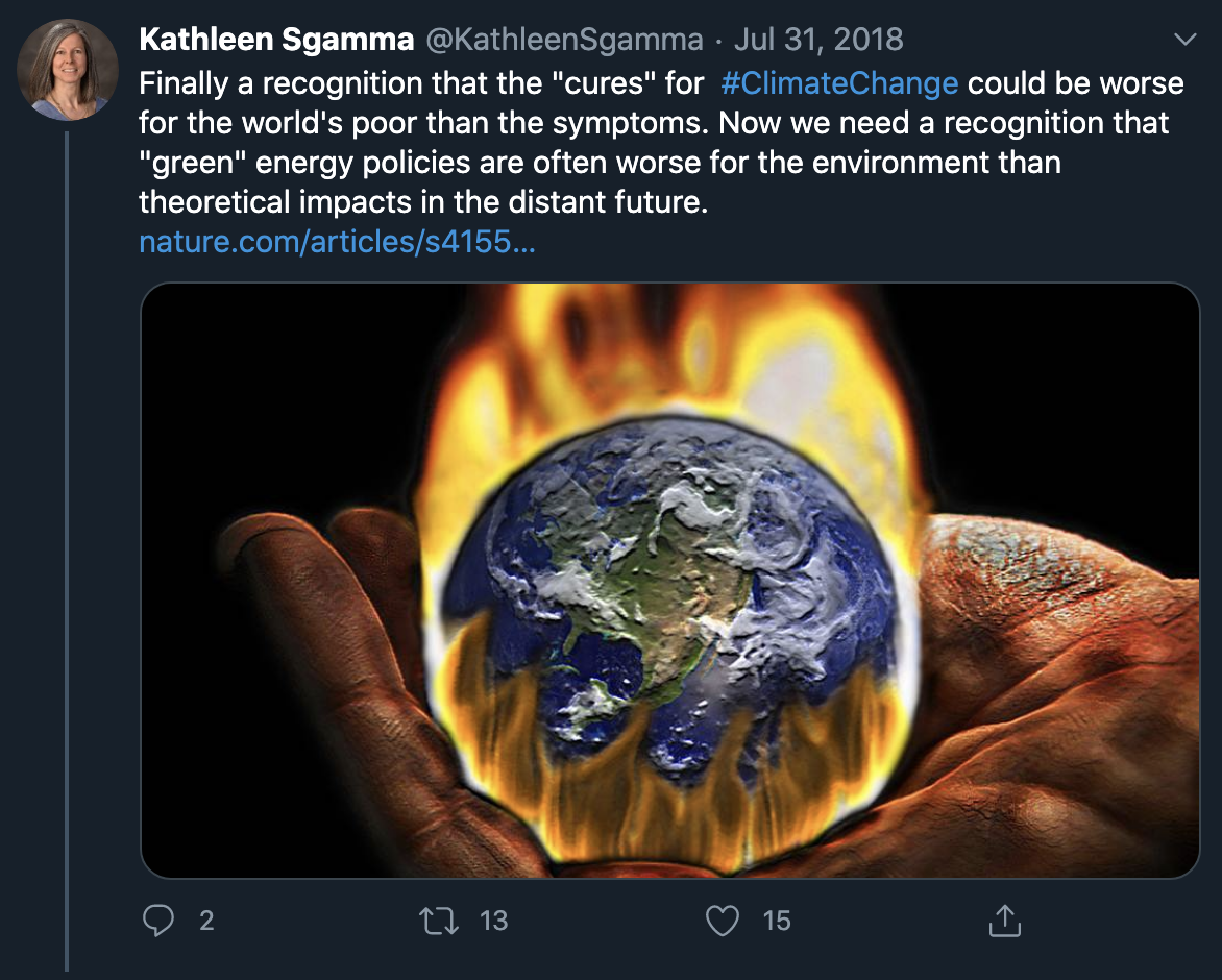 Sgamma Tweet - Finally recognition that the "cures" for  #ClimateChange could be worse for the world's poor than the symptoms