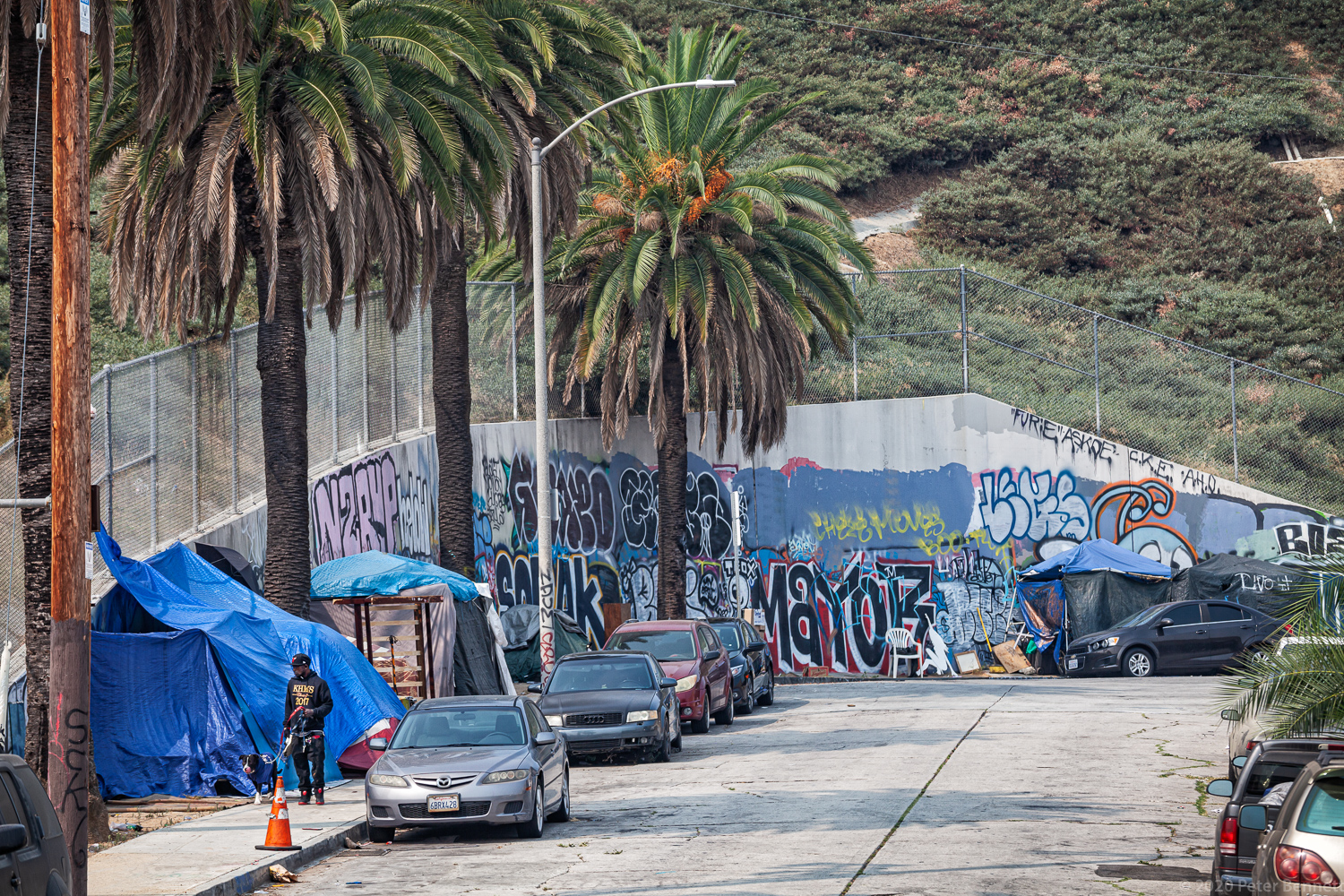An encampment for people experiencing homelessness along Emerald Street in the Vista Hermosa neighborhood