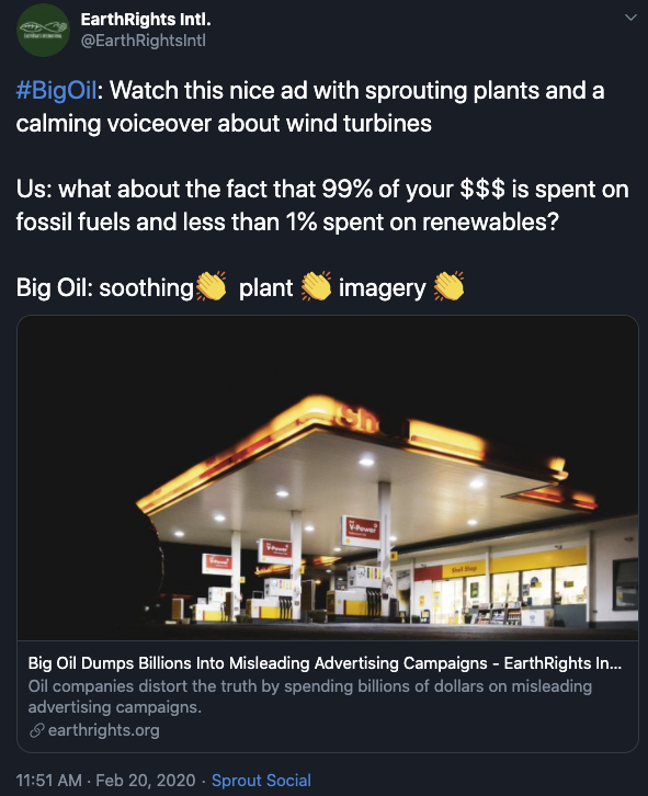 Earth Rights International tweet about big oil advertising