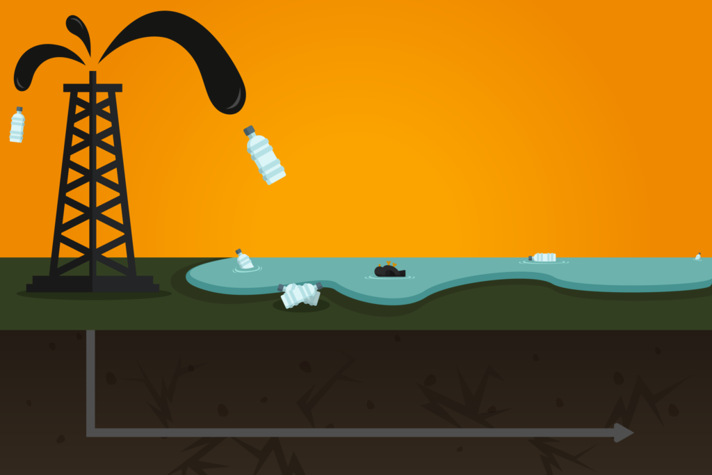 Illustration of leaking oil derrick dropping plastic bottles into water with a dead bird floating