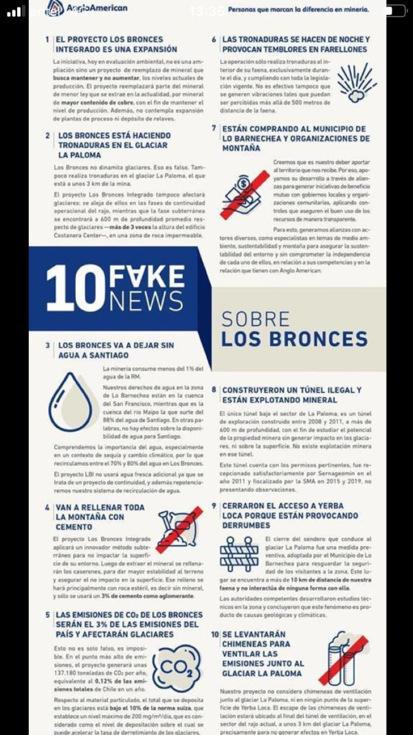 Anglo American marketing document, "10 Fake News About Los Bronces"