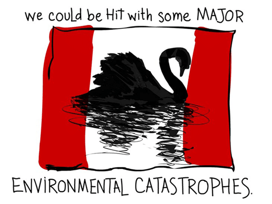 We could be hit with some major environmental catastrophes, Writing and Black Swan Canada Flag illustration by Franke James