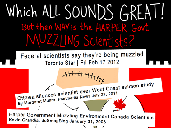 Which all sounds great but then why is the Harper Government muzzling scientists, Muzzled scientists illustration by Franke James