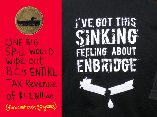 One big spill could wipe out B.C.’s entire tax revenue of $1.2 billion -- which is forecast over 30 years; writing by Franke James; Dogwood Initiative 'No Tankers Loonie Decal'; Photo of tshirt with Sinking Feeling About Enbridge courtesy Living Oceans Org