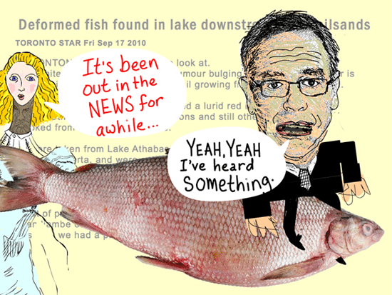 So I reminded him that the news of the contaminated fish was reported in 2010. And then Joe admitted, 'Yeah, yeah Ive heard something.' Quote from March 3, 2012 meeting, Joe Oliver riding a fish illustration by Franke James. Fish photo research archive David Schindler