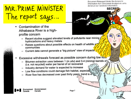 The internal government report says, 'Contamination of the Athabasca River is a high-profile concern... elevated levels of pollutants near mining sites raise questions about possible effects on health of wildlife and downstream communities.' photo-illustration by Franke James