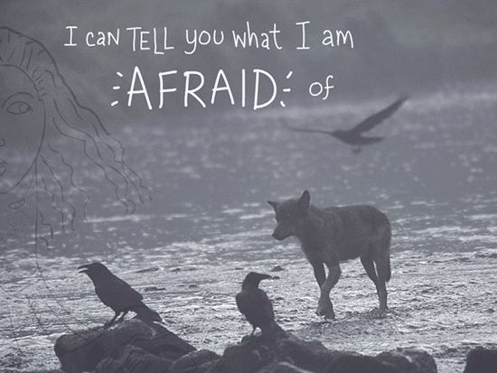 I can tell you what I am afraid of, writing and type-illustration by Franke James, photo by Ian McAllister, Pacific Wild