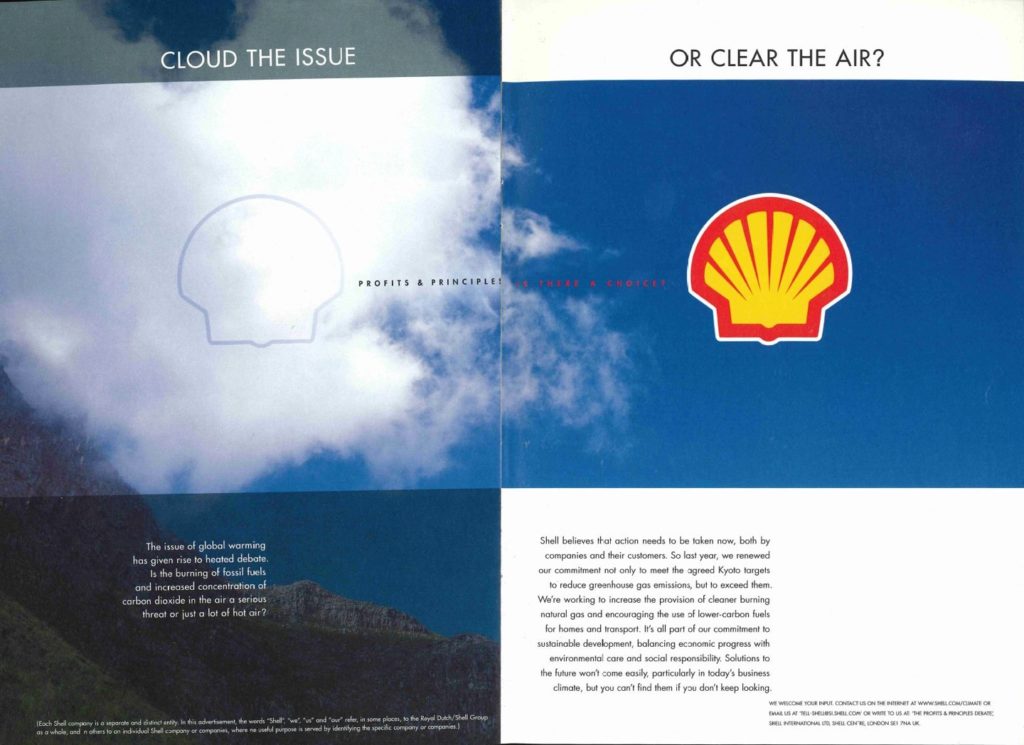 A 1999 Shell PR document entitled ‘Listening and Responding: The Profits and Principles Advertising Campaign’.