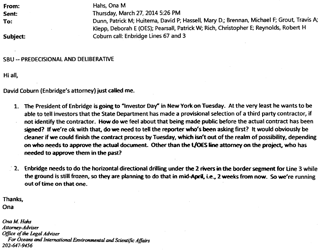 State Department Enbridge Emails