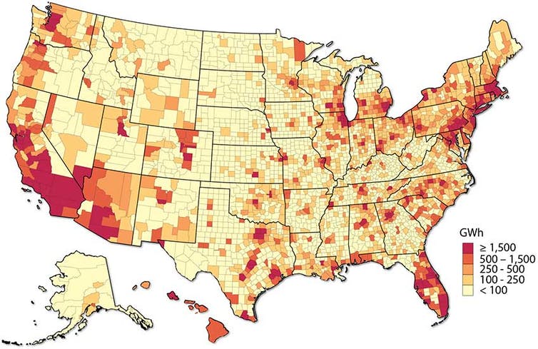 Map of U.S. showing areas with high potential for rooftop solar generation on low- and moderate-income homes.