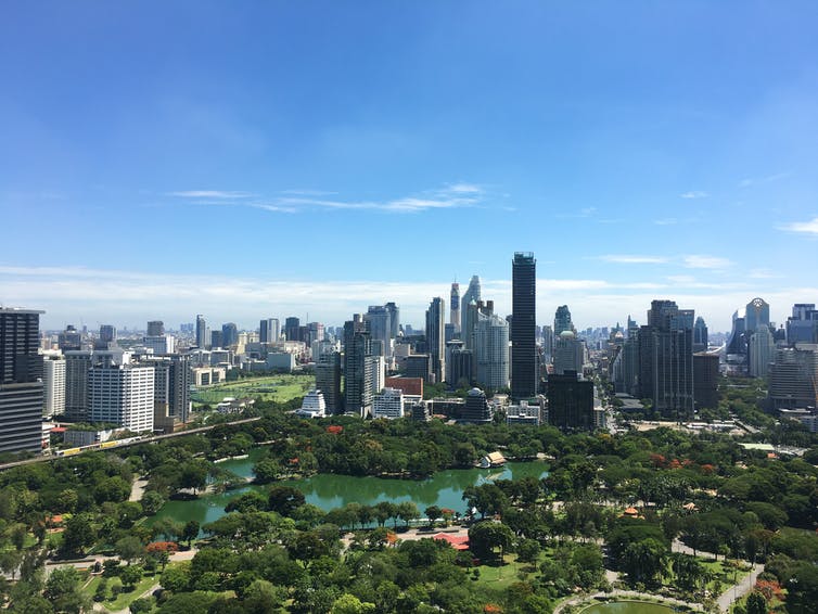 Green park and city skyline with blue sky.