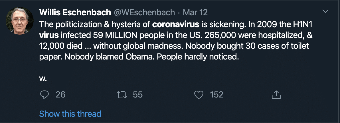 The politicization & hysteria of coronavirus is sickening. In 2009 the H1N1 virus infected 59 MILLION people in the US. 265,000 were hospitalized, & 12,000 died ... without global madness. Nobody bought 30 cases of toilet paper. Nobody blamed Obama. People hardly noticed.