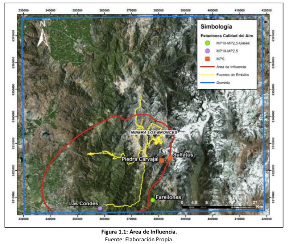 Map of Los Bronces mine expansion's area of influence from Environmental Impact Study