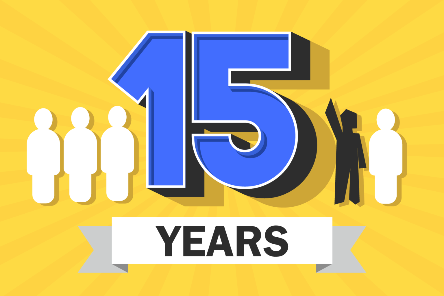 15 years with four stylized people on a yellow background