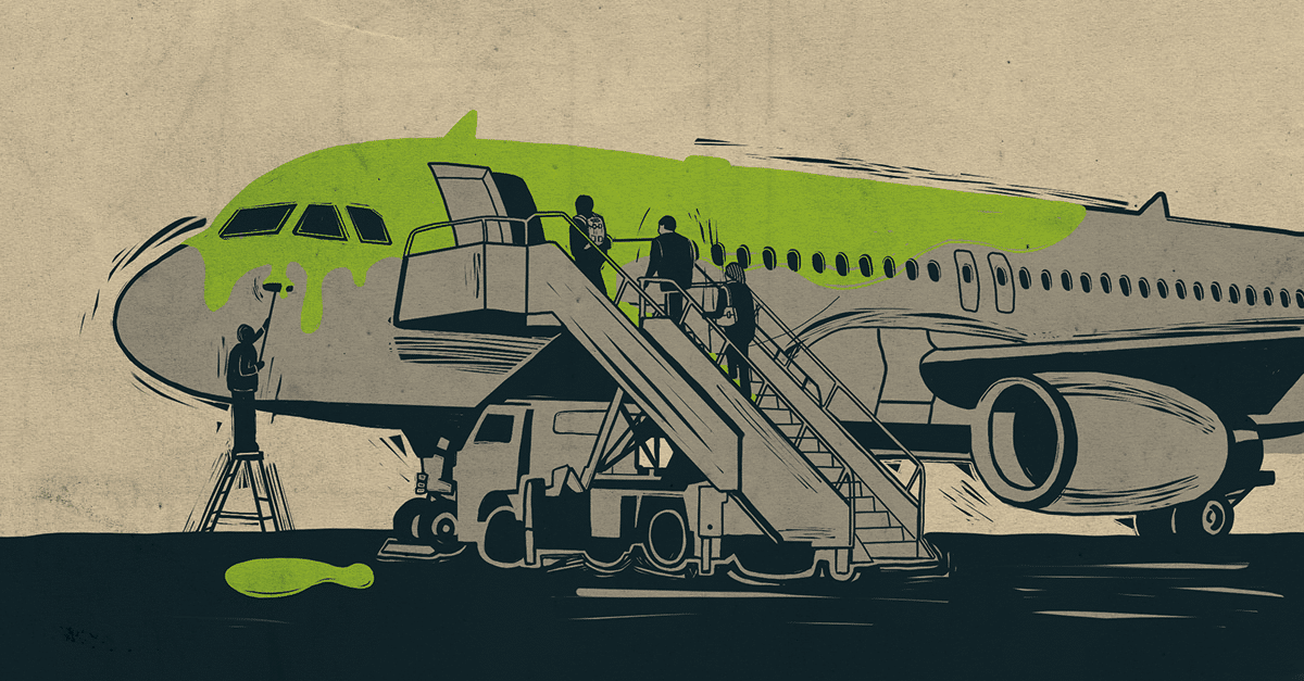 Illustration of people boarding and painting an airplane green