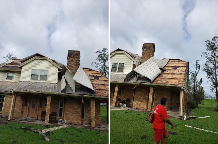 Left, a cream and tan brick home with parts of roof missing. Right, a woman in red in front of the same home with more roof damage.