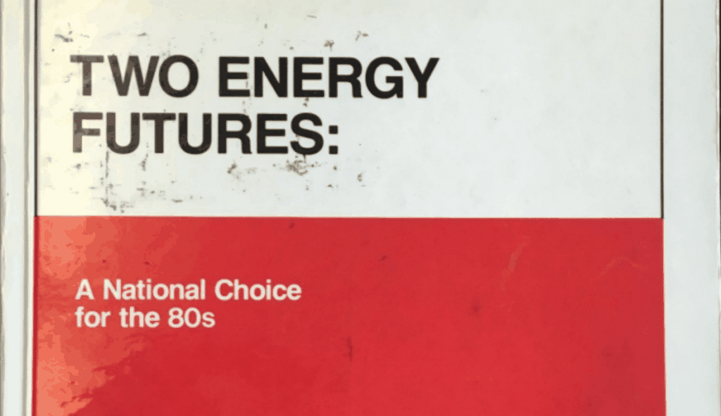 The American Petroleum Institute's 1980 policy booklet, "Two Energy Futures: A national choice for the 80s," with red background on the bottom half and white background on top.