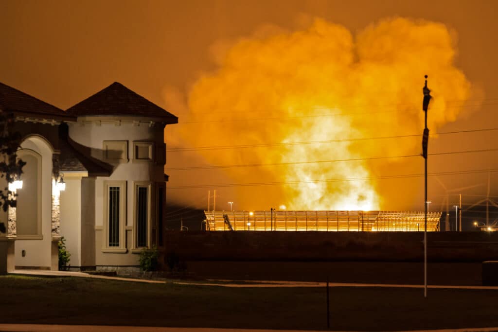 Ground flare at the Exxon-SABIC GCGV plant on December 6, 2021 seen from a residential neighborhood in Portland, Texas. 