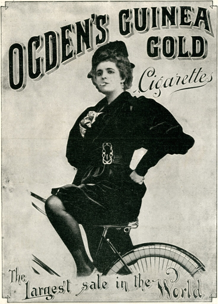 black and white illustration of a woman in 1900 smoking and riding a bicycle