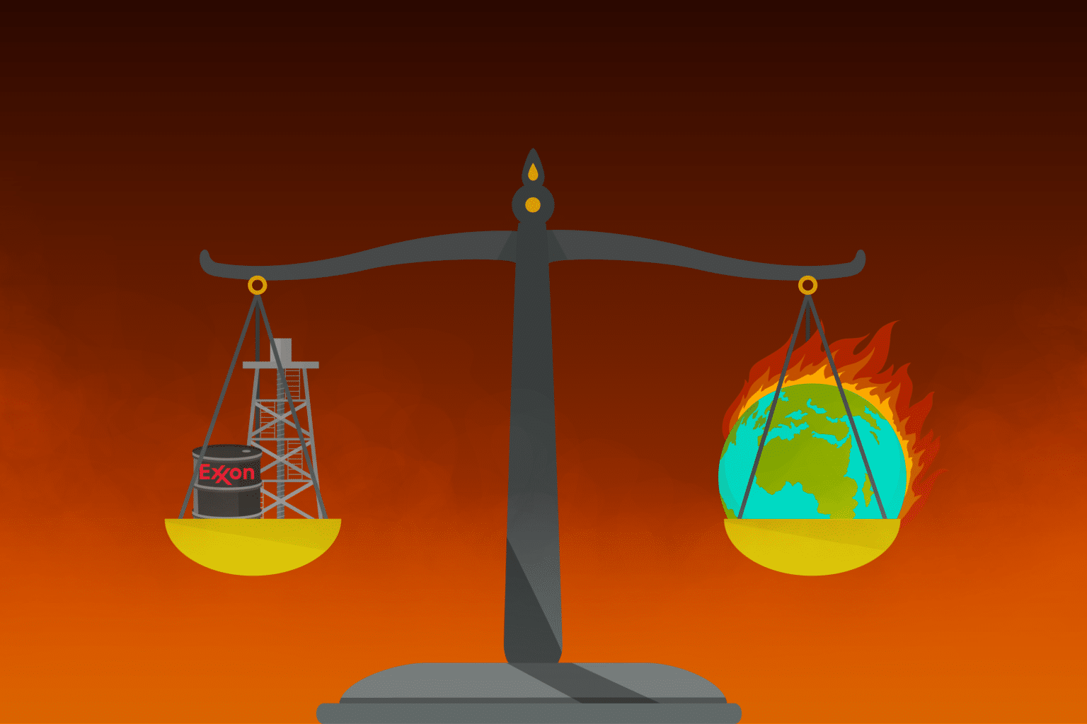Illustration of the scales of justice with a burning planet on the right and oil derrick and drum on the left.