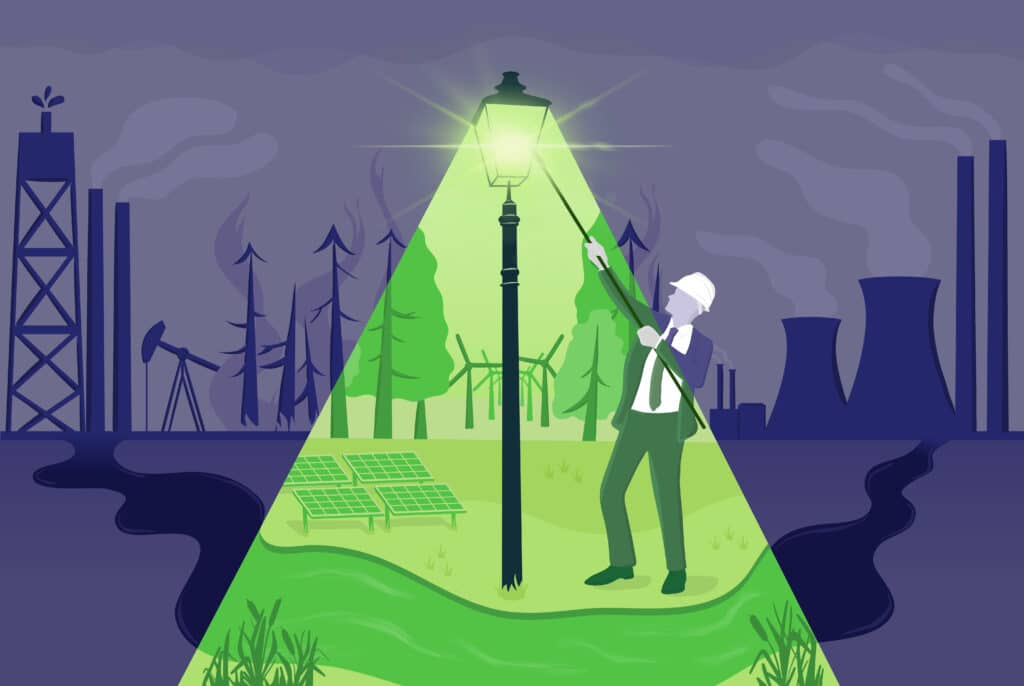 Illustration of a man in suit with hardhat lighting a gas street lamp, which casts a green glow on stream, plants, solar panels, and wind turbines, but outside the light's circle, the background is dark purple and filled with industrial fossil fuel infrastructure and burning trees