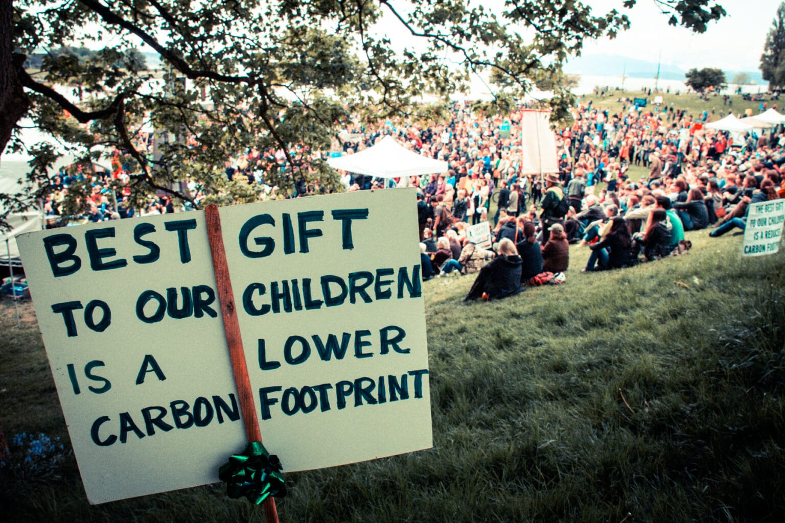 Hand-painted poster reading 'Best gift to our children is a lower carbon footprint' and crowds seated on grassy hill beyond