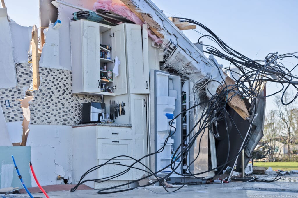 Remains of a kitchen in a totaled home in Arabi, Louisiana, the morning after the tornado