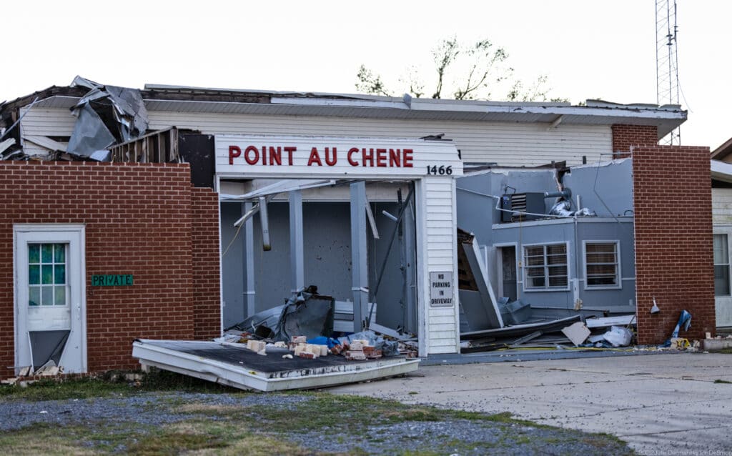 Damaged building in Terrebonne Parish center on February 15. Credit: Julie Dermansky
