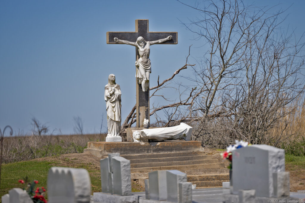 A storm-damaged cemetery in Cameron