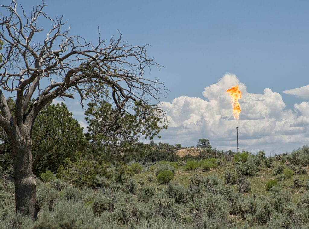 A gas flare in San Juan County in northwestern New Mexico