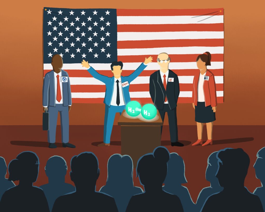 Graphic of professional men and a woman with the logos of fossil fuel companies on their jackets standing in front of an American flag with a model of a hydrogen molecule.