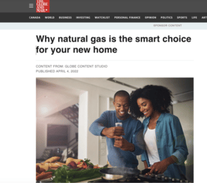 A false advertising complaint is taking aim at a sponsored post in the Globe and Mail from April 4, 2022, as well as other claims made by the Canadian Gas Association. Source: CAPE complaint