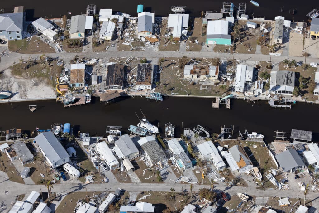 Aerial view of damaged homes in St. James, on southwest Florida’s Pine Island on October 3, 2022.