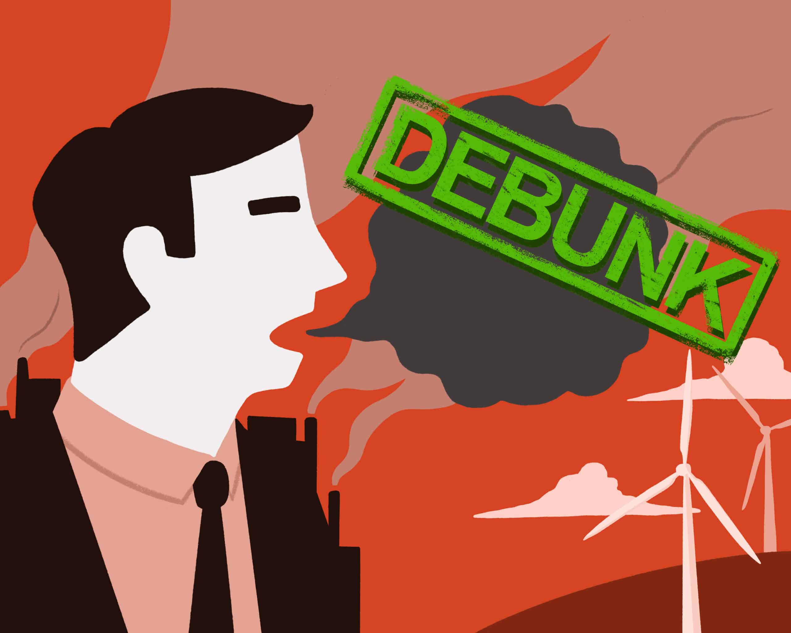 illustration of a white man in a suit with a dark speech bubble coming out of his mouth and the word "debunk" over it in green