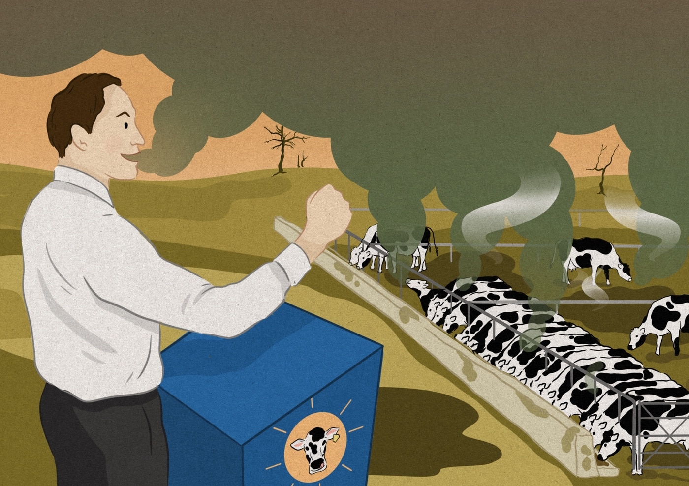 an illustration of a man standing at a podium making a speech in front of cows in a feedlot