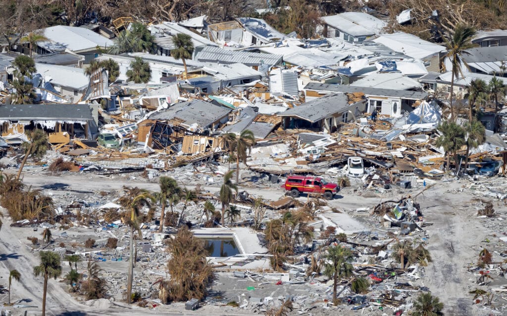 Aerial view of hurricane destruction in Fort Myers Beach, Florida, on October 3, 2022.