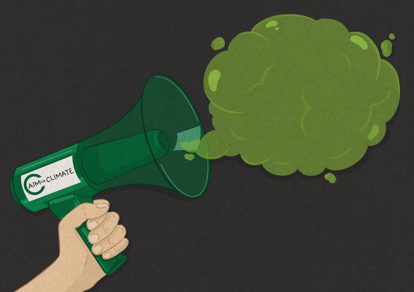 an illustration of a green megaphone labeled "Aim4C" emitting a green puff of smoke