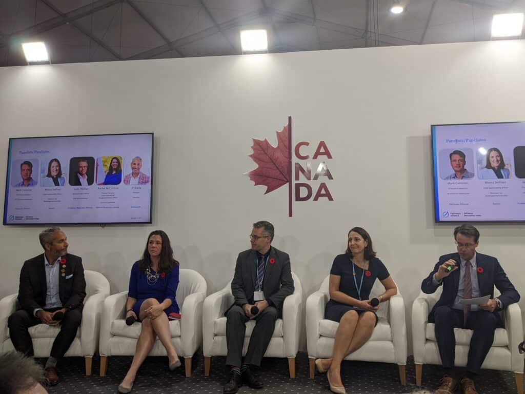 COP27 speakers at a Pathways Alliance event held at the Canada Pavilion, November 11, 2022. Photo credit: Environmental Defence