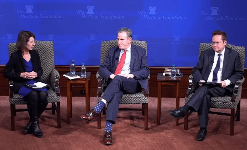 Benny Peiser (centre) Heritage Foundation event with Diana Furchtgott-Roth (left) and Nile Gardiner (right). Credit: Heritage Foundation webinar