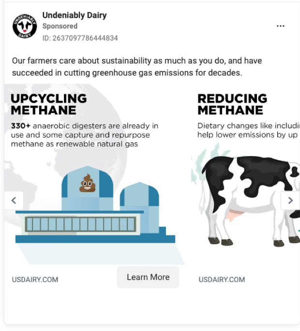 Undeniably Dairy, a campaign of the U.S. dairy industry, promotes on social media the idea of reducing the methane emissions of dairy cows by using anaerobic digesters.  A cartoon cow rear end has blue gas rising from it. Two blue digester tanks have a poo emoji inside.