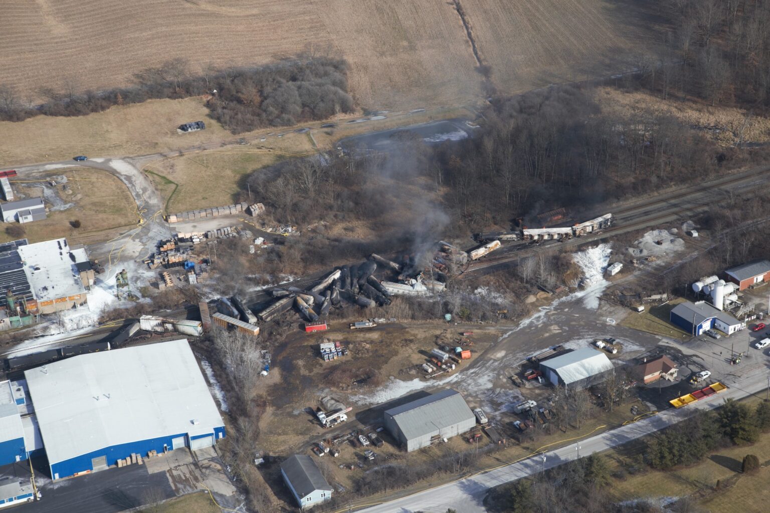 ​​​An aerial view of the wreckage from the Norfolk Southern freight train derailment in East Palestine, Ohio.